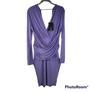 NWT Fashion Nova Long Sleeve Deep V Ruched Tummy Dress Purple Women's Medium NEW